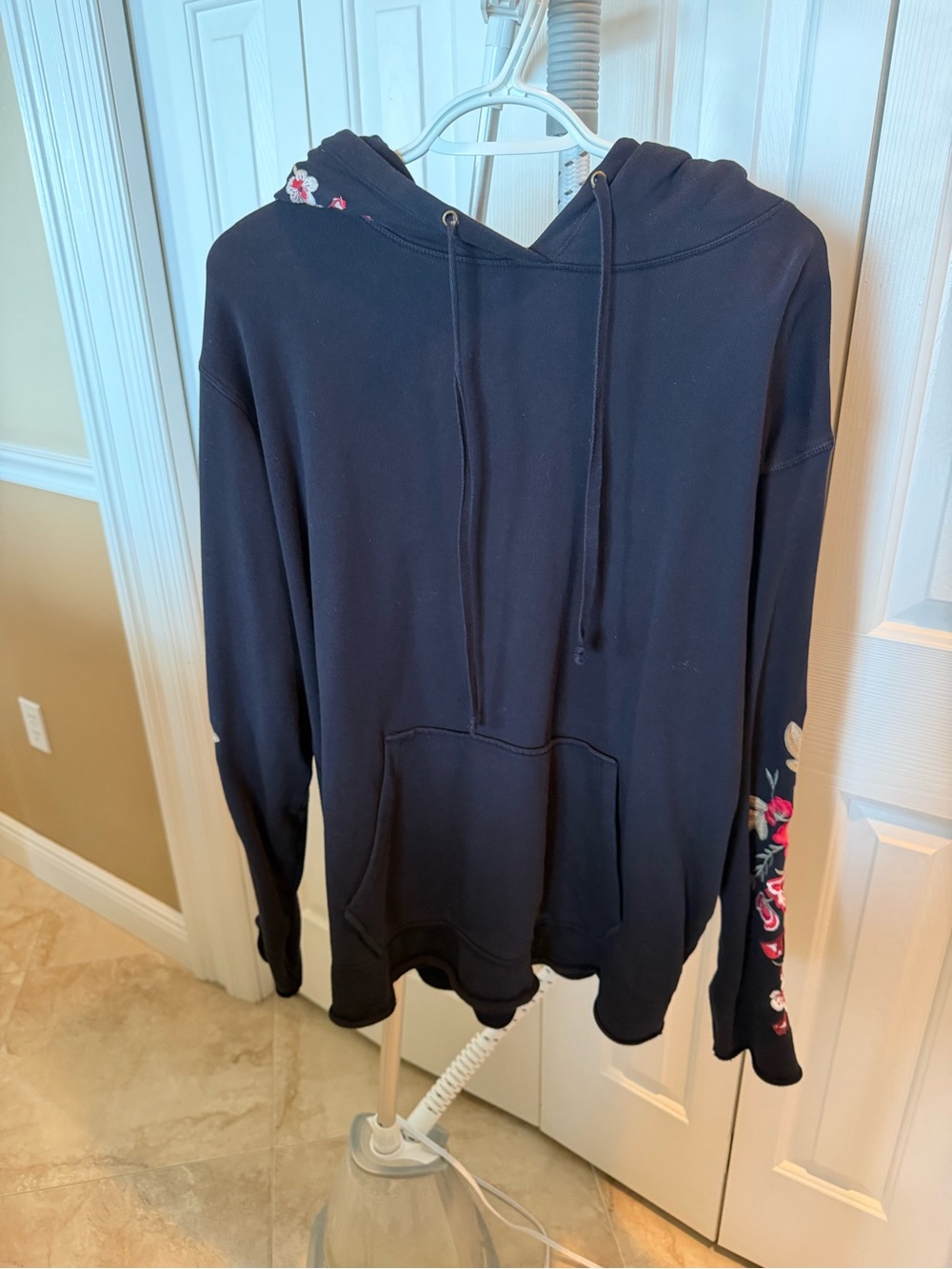 Johnny Was Black Hoodie Sweater with Pink Floral Sleeve Embroidery